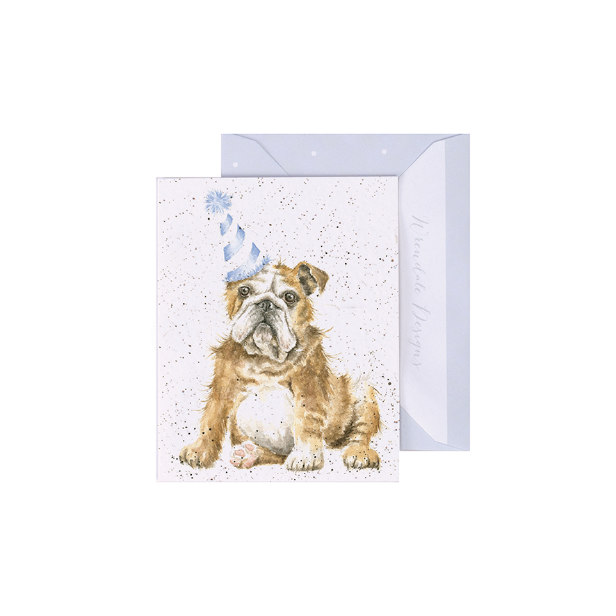 Bulldog in a party hat mini card