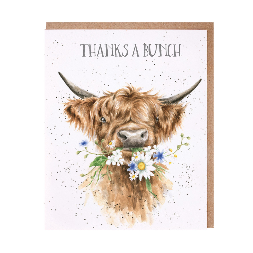 Highland cow with flowers in its mouth thank you card