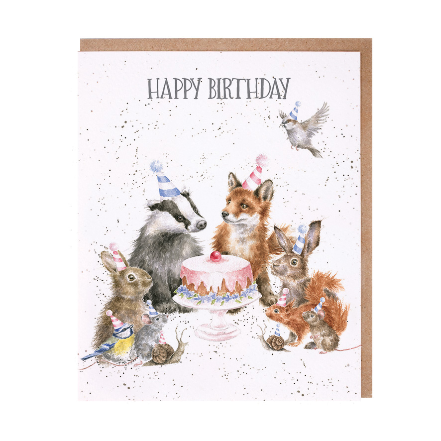 Woodland animals in party hats around a birthday cake birthday card