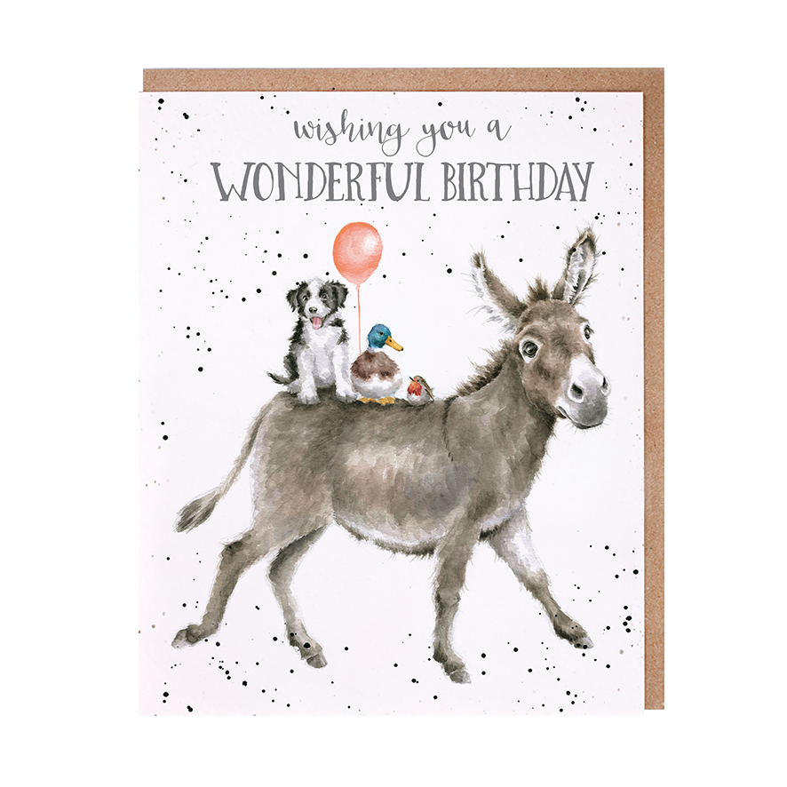 Donkey with a dog, duck and robin on its back birthday card