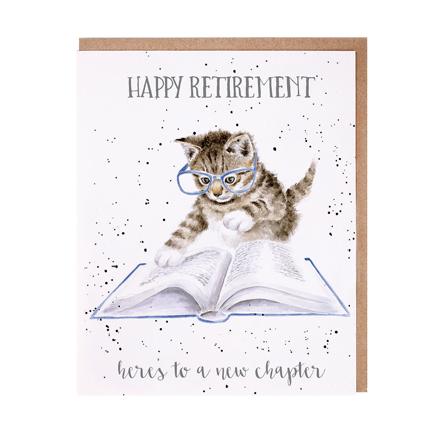 Kitten in glasses reading a book retirement card