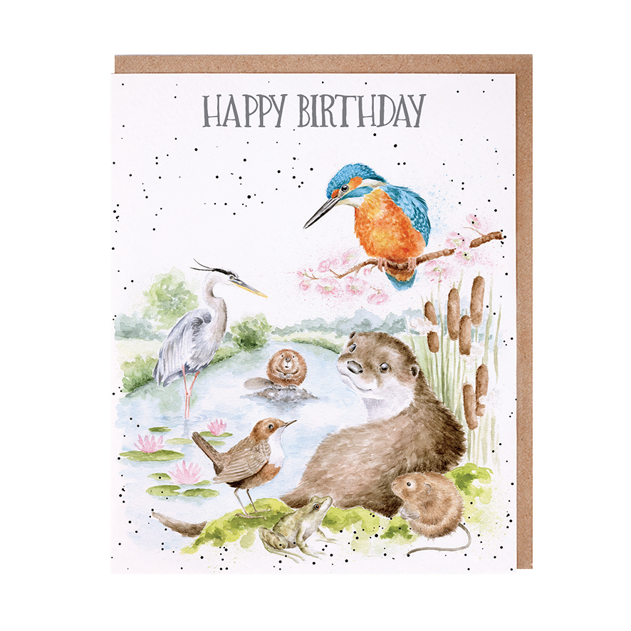 River scene with an Kingfisher and otter on a river bank  birthday card