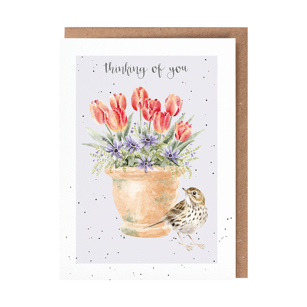 Illustrated tulip in a pot with a bird thinking of you card