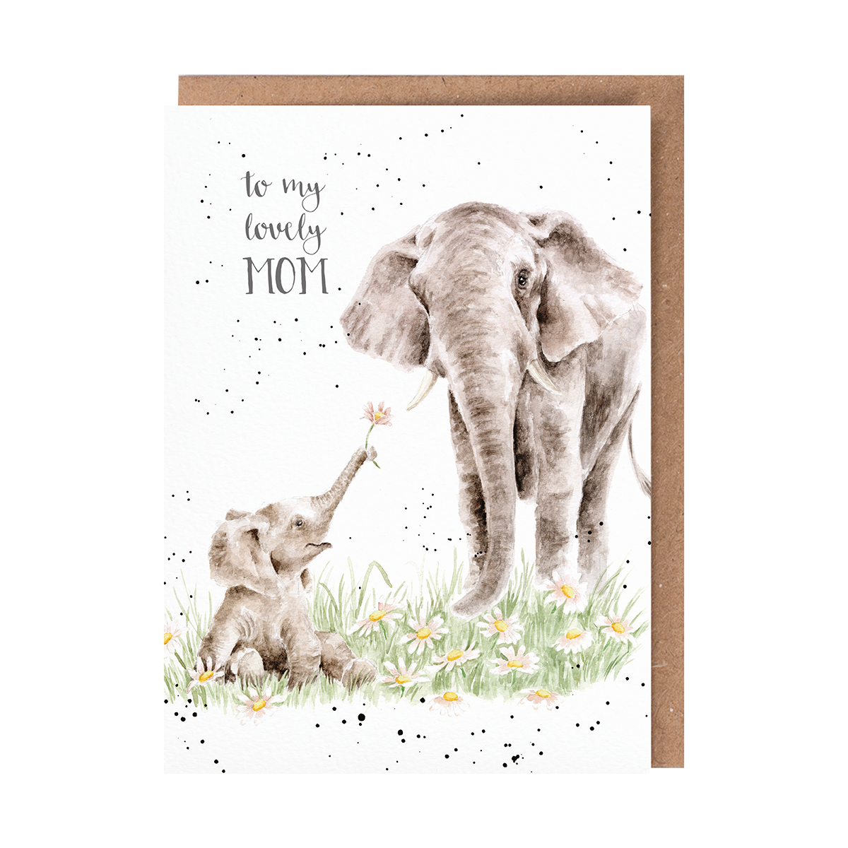 Illustrated elephant and calf in daises mon card