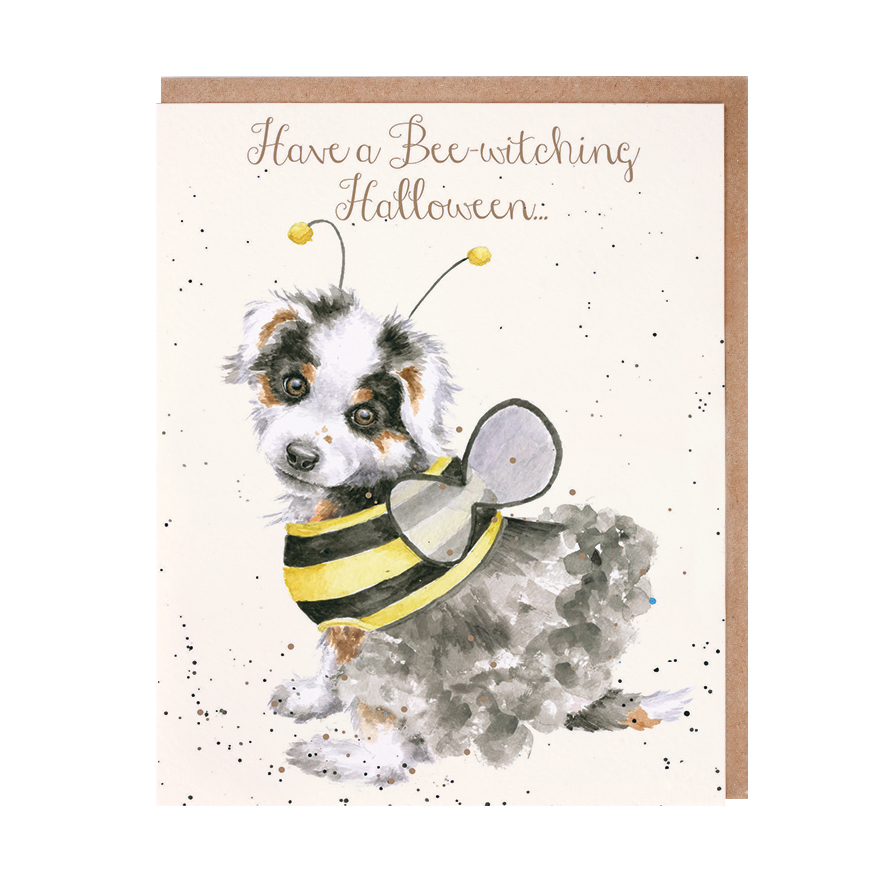 Puppy in a bee costume halloween card