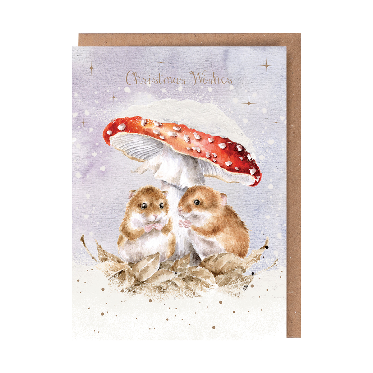 Two mice under a mushroom illustrated Christmas card