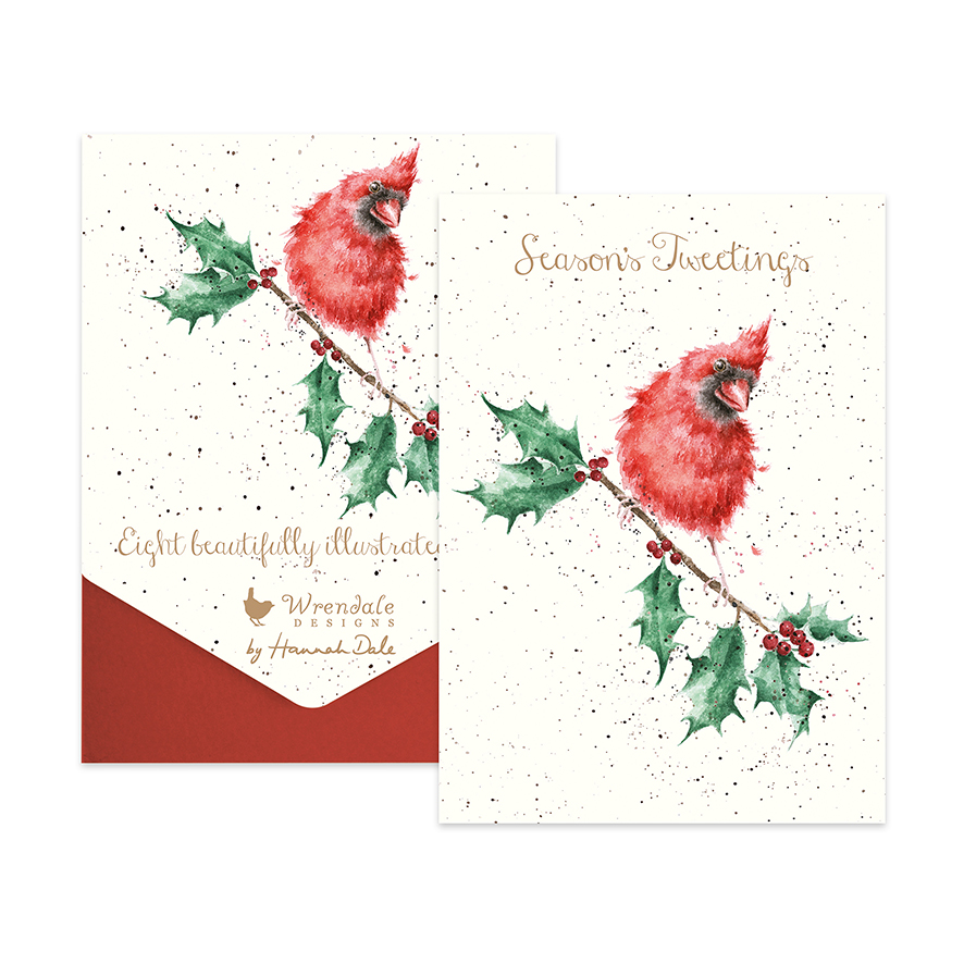 Cardinal bird on a holly branch illustrated Christmas card pack