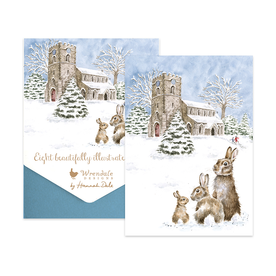 Rabbit and church boxed Christmas card pack