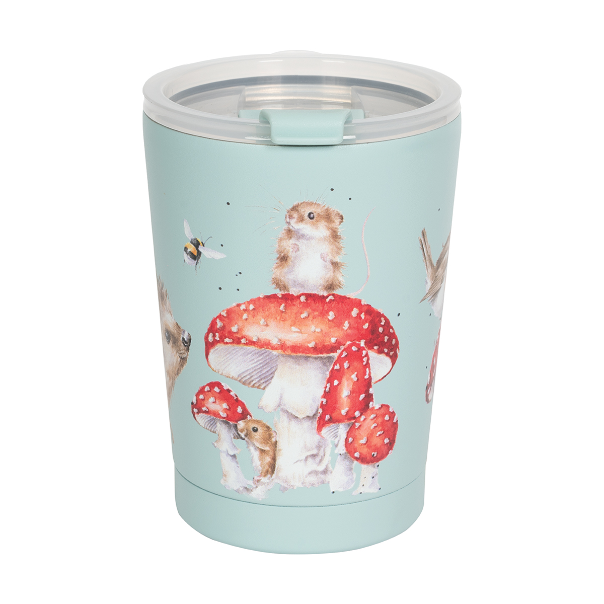 Thermal travel cup with mouse, hedgehog and bird design