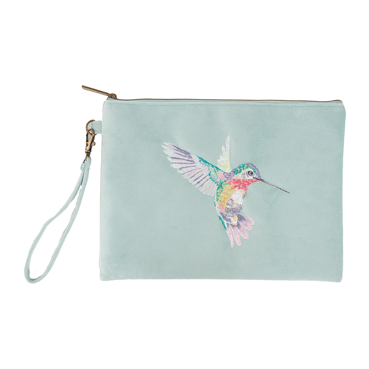 Pouch or clutch bag with embroidered hummingbird design