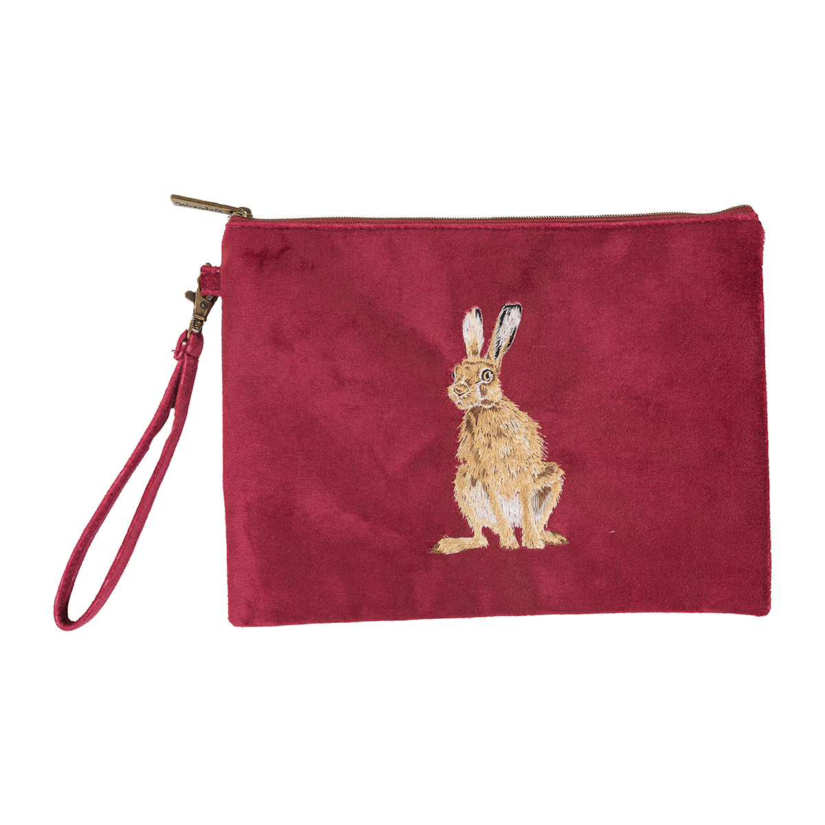 Pouch or clutch bag with embroidered hare design