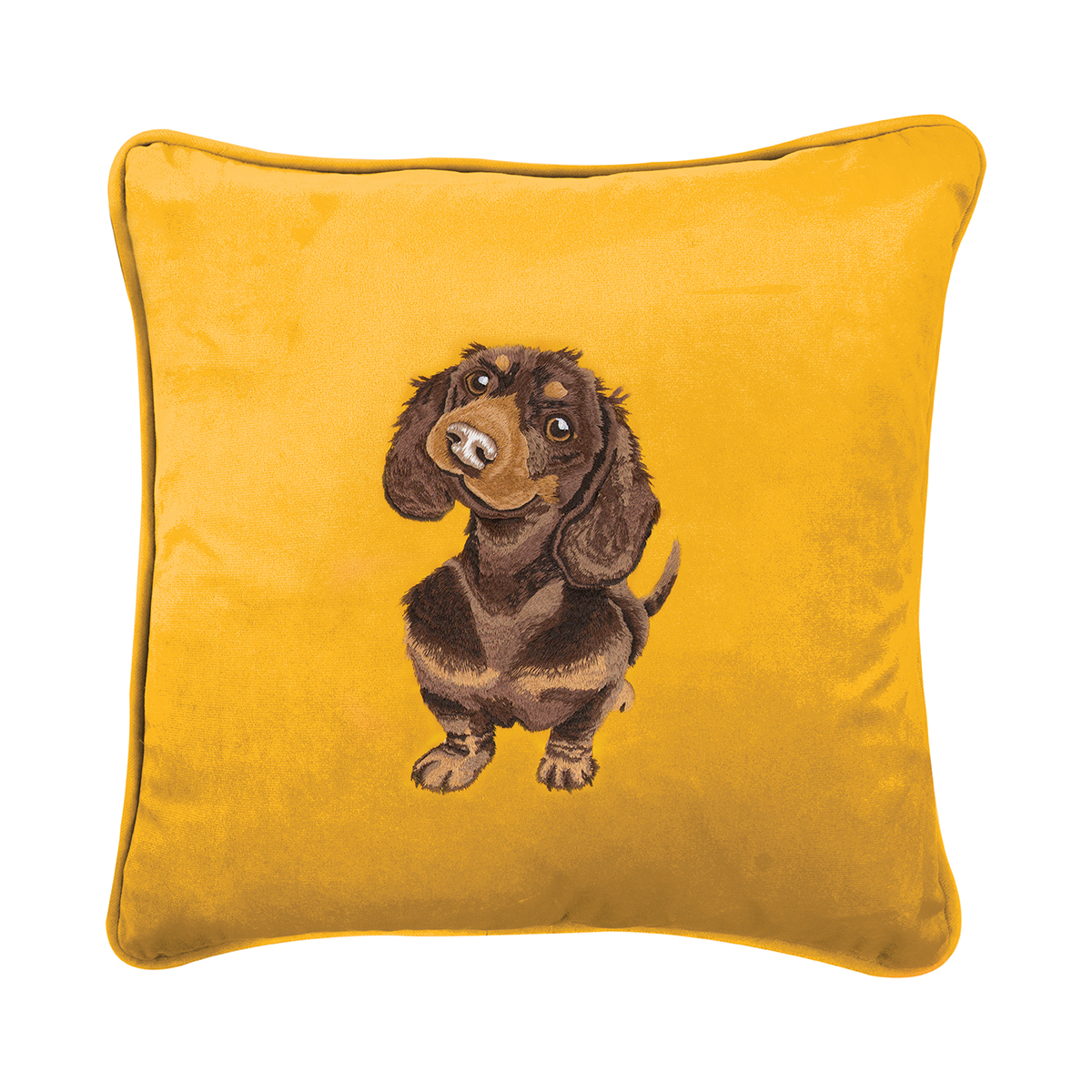 Embroidered dachshund cushion on yellow fabric