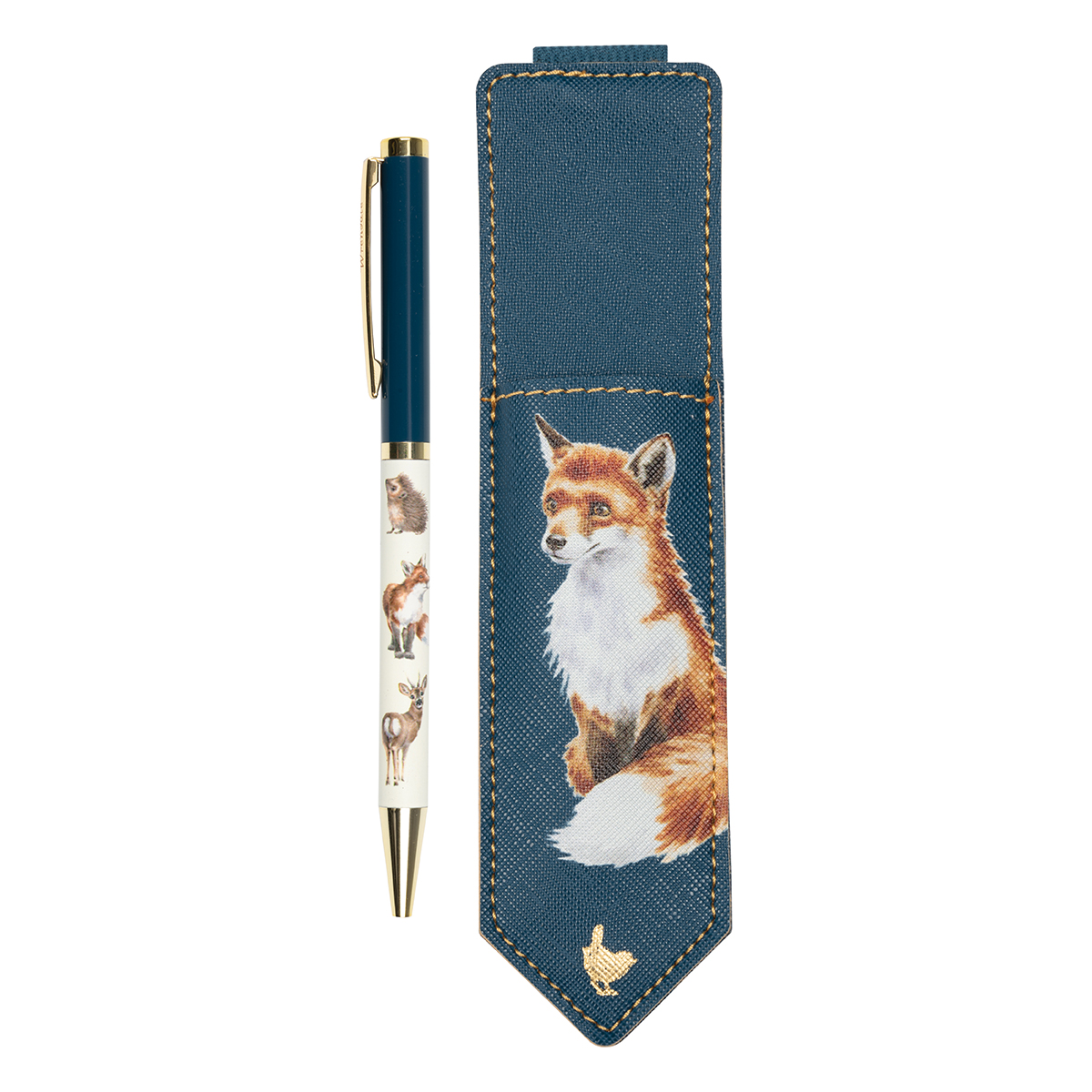 Illustrated animal pen and pouch with a fox on presented in a box