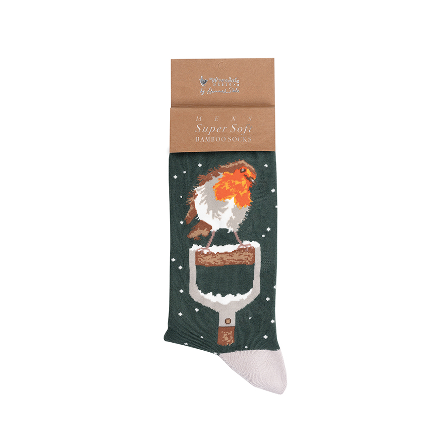 Robin on a spade handle on a dark green background men's sock