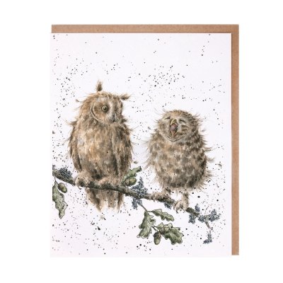 Tawny owl and little owl on a oak tree branch greeting card