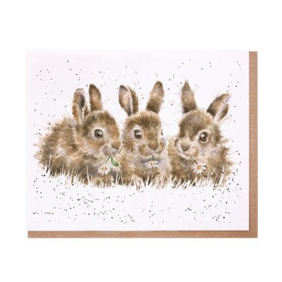 Three rabbits with daisies in the mouths greeting card