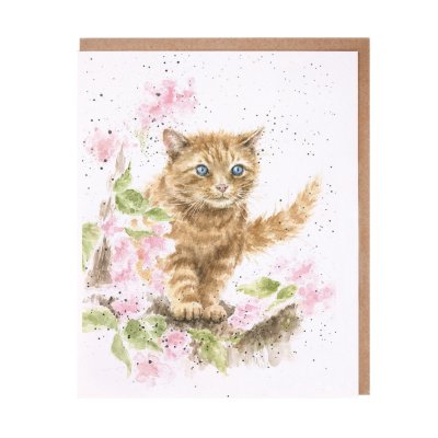 Ginger cat in pink flowers greeting card
