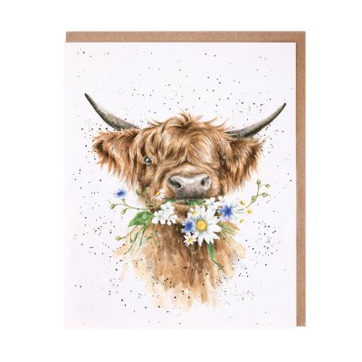 Highland cow with flowers in its mouth greeting card