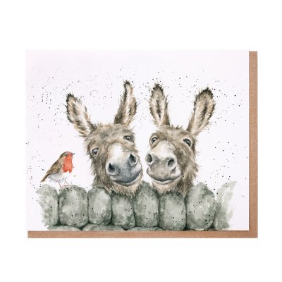 A robin and two donkeys looking over a stone wall greeting card