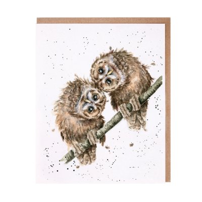 Two tawny owls on a branch with their heads together greeting card