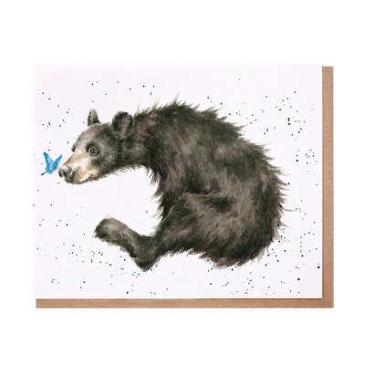 Black bear with a blue butterfly on its nose greeting card