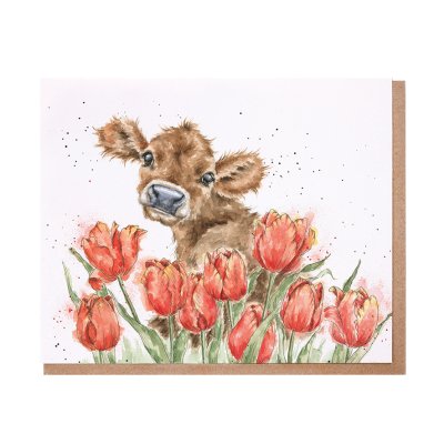 Calf and tulips greeting card