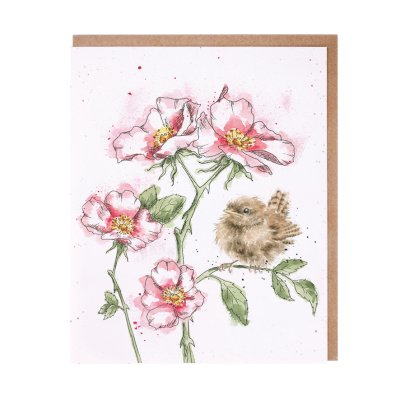 Wren on roses greeting card