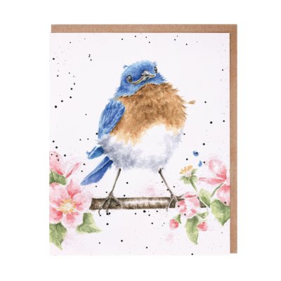 Bluebird on a blossom branch greeting card