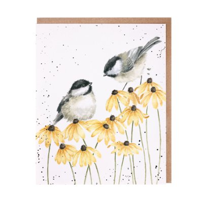 Chickadees on yellow flowers greeting card