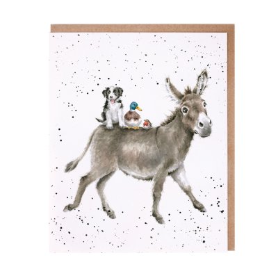 Donkey with a dog, duck and robin on its back greeting card