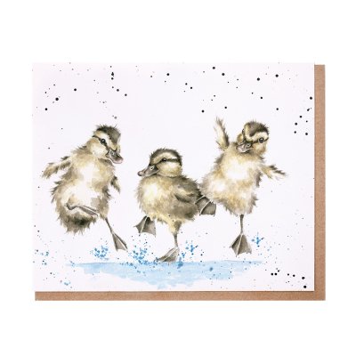 Ducklings splashing in a puddle greeting card