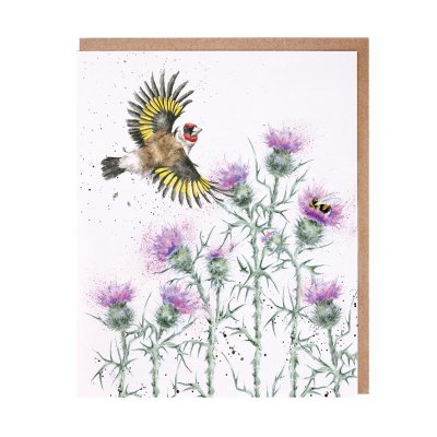 Gold finch flying over thistles greeting card