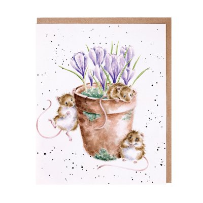 Mice in a flower pot of crocuses greeting card