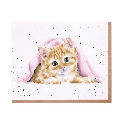 Ginger kitten under a pink blanket greeting card