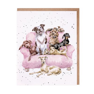 Dogs on a pink sofa greeting card