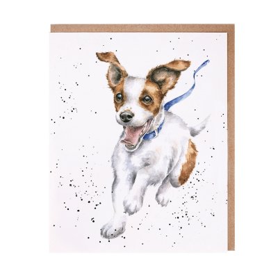 Running Jack Russell with a blue collar greeting card