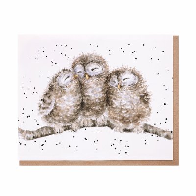 Three owlets on a branch greeting card