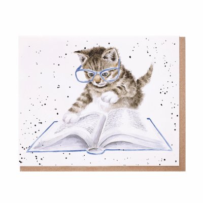 Kitten in blue glasses reading a book greeting card