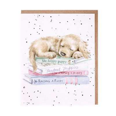Puppy asleep on a pile of puppy training books greeting card