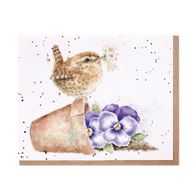 Wren on a plant pot with pansies greeting card