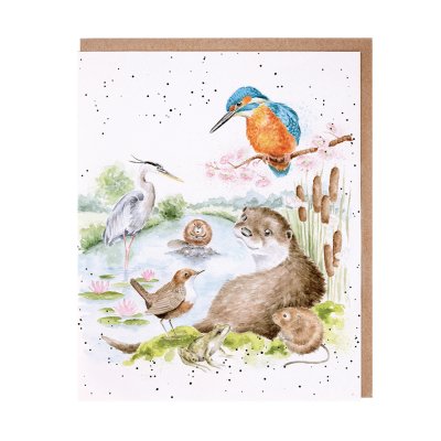 River bank scene with a kingfisher and otter greeting card