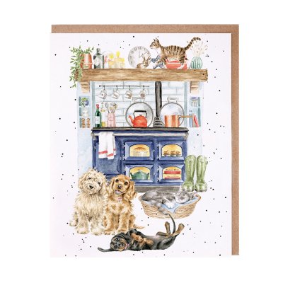Dog and cat kitchen scene greeting card