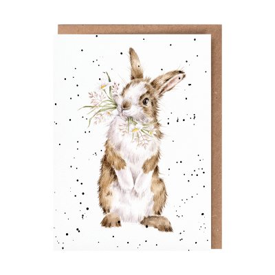 Illustrated rabbit with daisies in it's mouth card