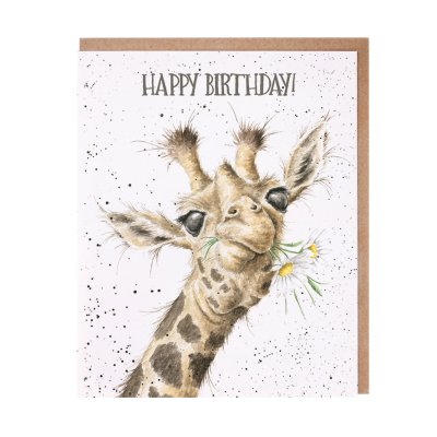 Giraffe with flowers in its mouth birthday card