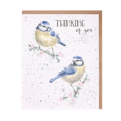 Blue tits on blossom branches thinking of you card