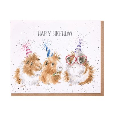 Three guinea pigs in party hats birthday card