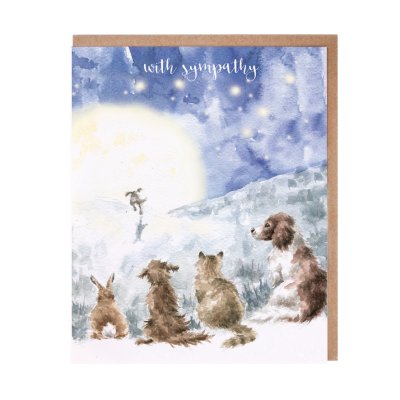 Dog, cat and rabbit watching the moon pet sympathy card