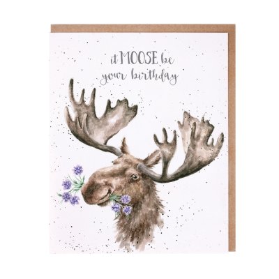 Moose with flowers in its mouth birthday card