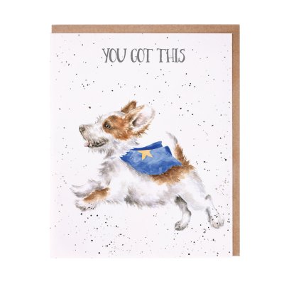 Terrier with a blue cape motivational card