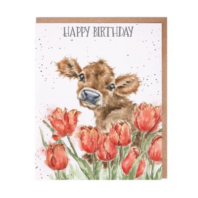 Calf and tulips birthday card
